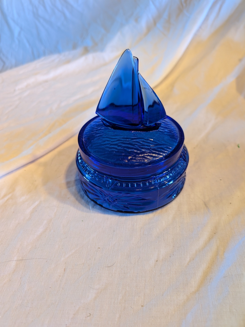 2/80$ Vintage Cobalt Blue Sailboat Glass Trinket Jar